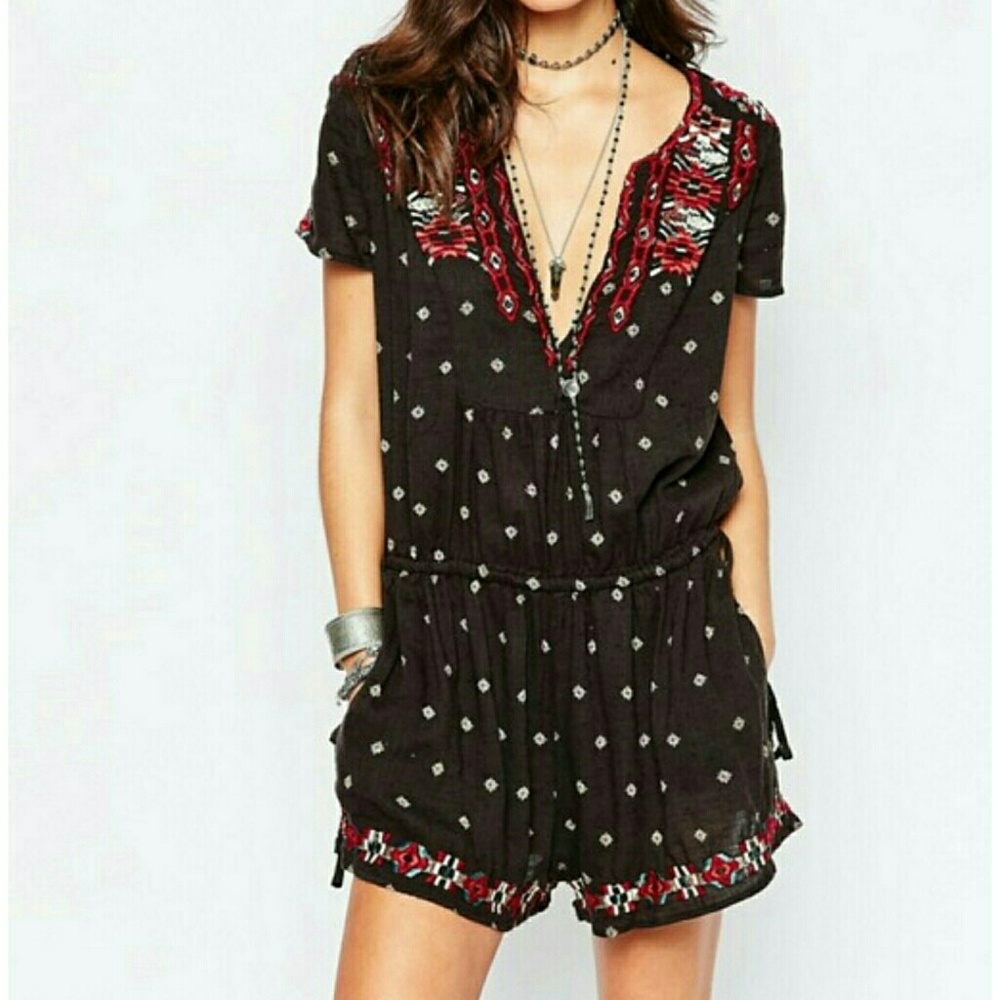 Free People romper Embroidered brown Cotton